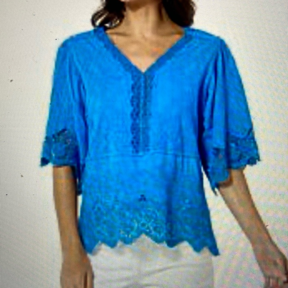 Democracy Woven Cotten Crochet Trim Peplum Top Cerulean Blue S